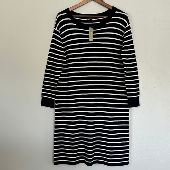 NEW J Crew Sweater Dress Large 100 Merino Wool Navy White Stripe Luxury Preppy - Picture 1 of 10